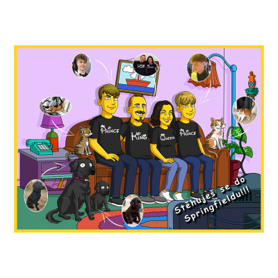 Digitálně ručně malovaná karikatura Simpsonovi, následně vytištěná na fotopápír jako velkoformátová fotografie