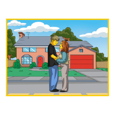 Digitálně ručně malovaná karikatura Simpsonovi, následně vytištěná na fotopápír jako velkoformátová fotografie