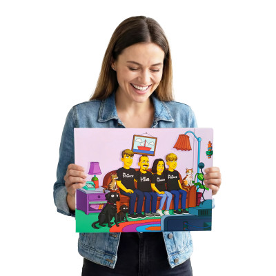 Digitálně ručně malovaná karikatura Simpsonovi, následně vytištěná na fotopápír jako velkoformátová fotografie